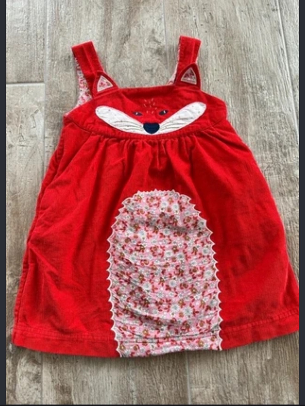 Mini Boden Red Orange Fox Appliqué Dress with Floral Panel